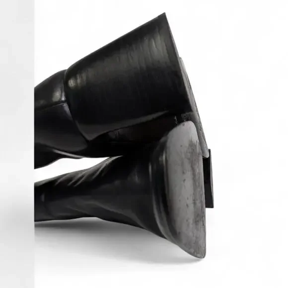 Black Leather Square Toe Sculptural Triangle Heel Minimalist Modern Ankle 10 - Picture 10 of 10